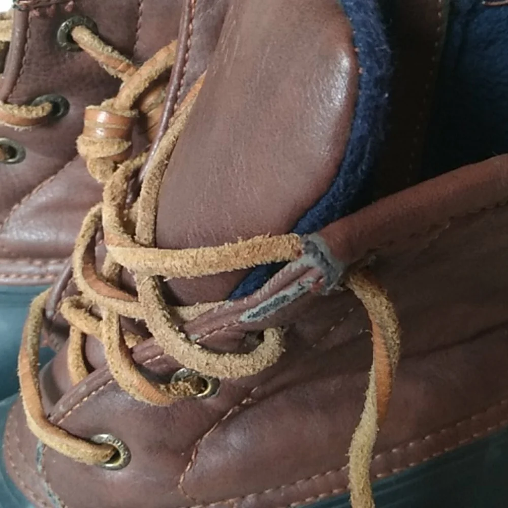 Sperry Kids Brown Leather and Navy Rubber Duck Boots with Tan Soles